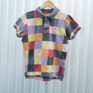 Vtg Ralph Lauren Patchwork Polo Shirt Multicolored Slim Fit Women's Size Large